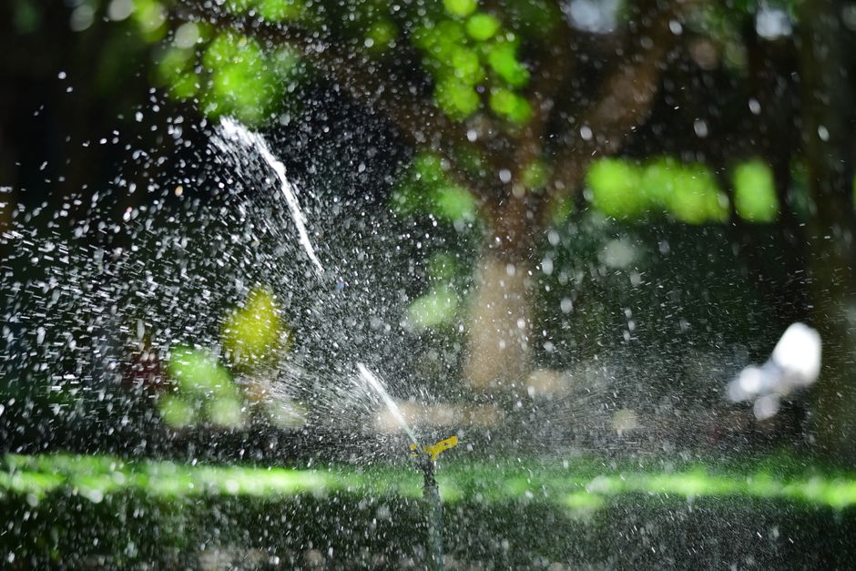 Sistema di irrigazione automatico che innaffia un prato verde rigoglioso